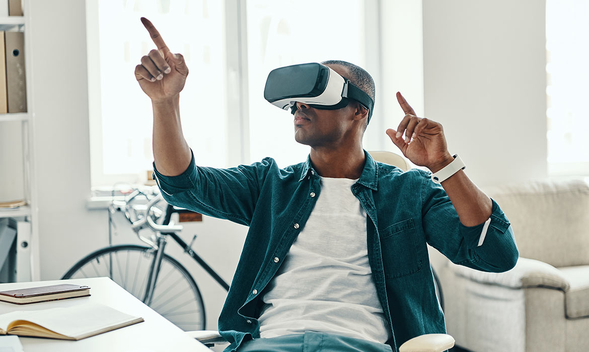 Man exploring virtual reality with VR headset