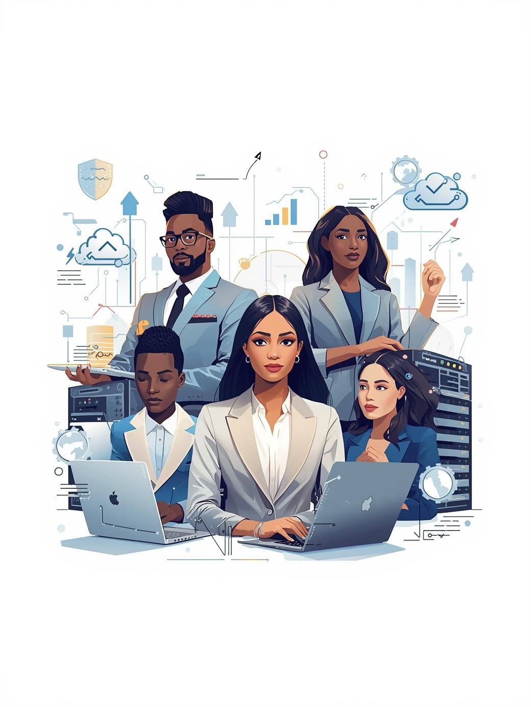 Diverse business team analysing data together