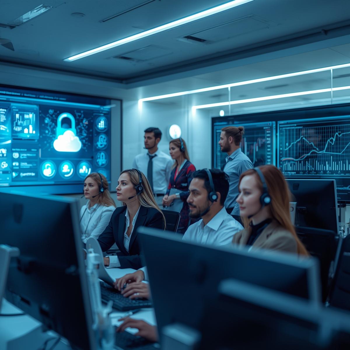 Cybersecurity team monitoring data on large screens