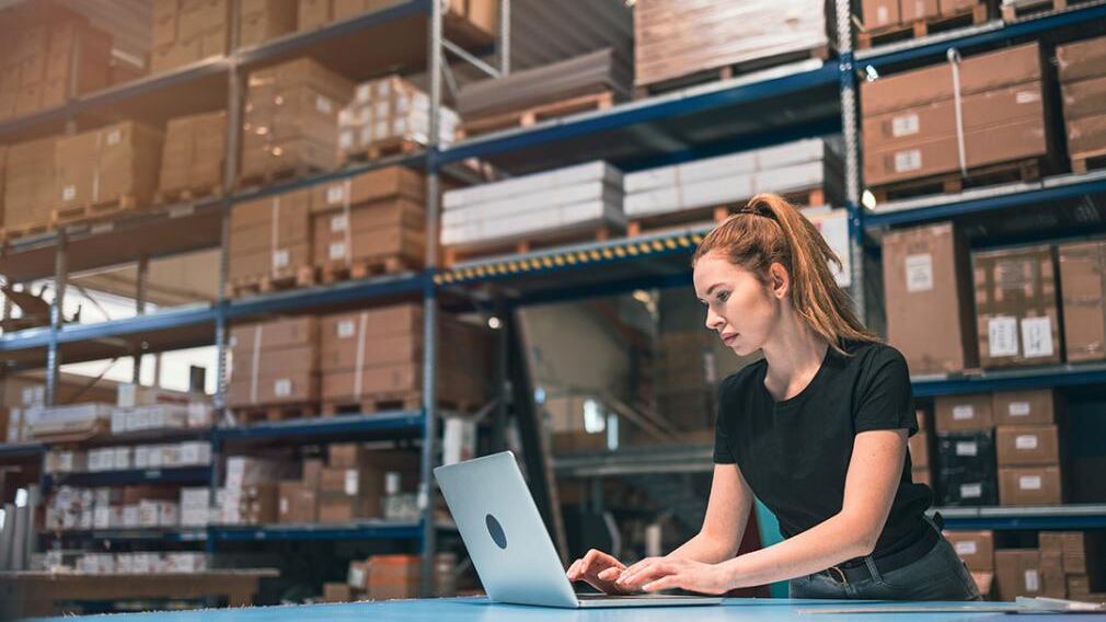 Warehouse staff managing IT inventory on laptop
